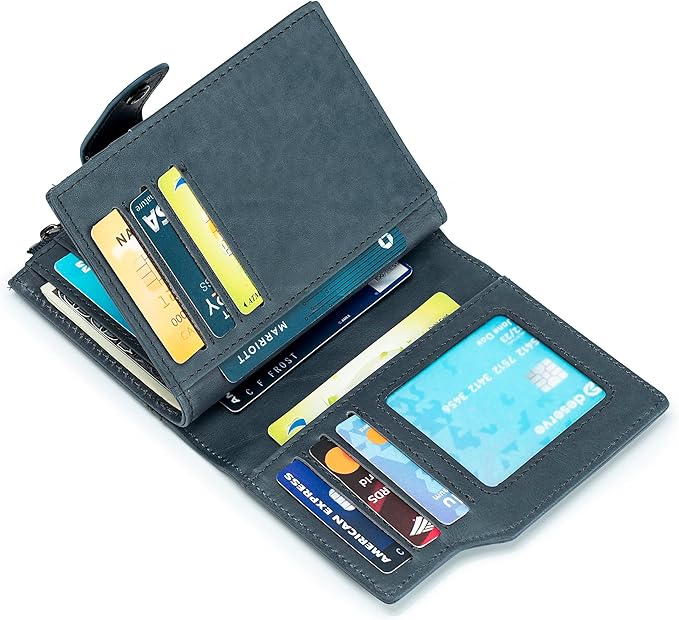 LUKZIJAES Genuine Leather Wallet for Men Vertical Model Large Capacity Card Case Purse Mens Vintage RFID Blocking with Zipper ID Window Coin Pocket (#6-Blue)