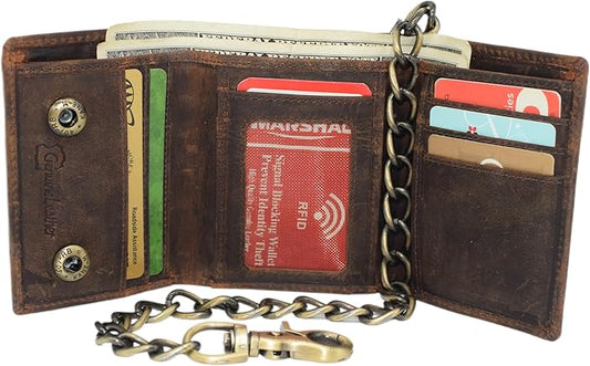 Men's RFID Blocking Trifold Vintage Leather Biker Chain Wallet With Snap Closure