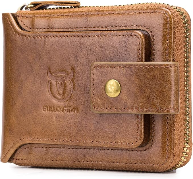 LUKZIJAES Genuine Leather Wallet for Men RFID Blocking Large Capacity Card Case with Zipper ID Window Coin Pocket (#2-Yellow Brown)