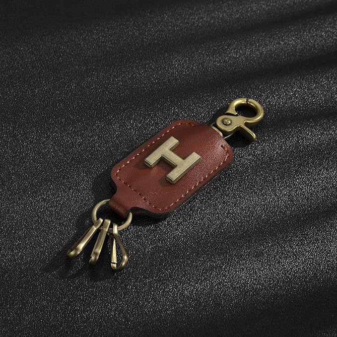 XGALBLA Initial Letter Brown Leather Alphabet Keychain with Easy Clasp, Key Car Bag Key Ring for Women & Men