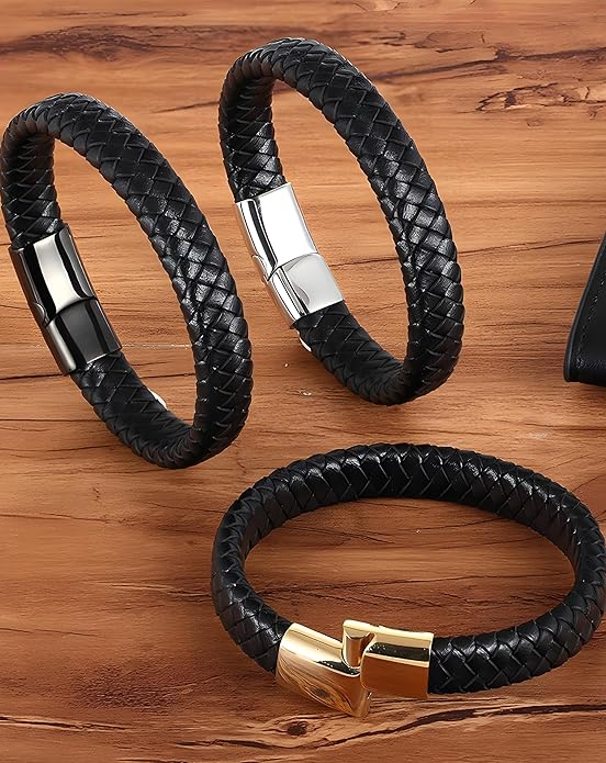 Leather Bracelet for Men, Braided Mens Cuff Bracelets with Stainless Steel Clasp Stacked Multi Style Color Anniversary Father's Day Birthday Christmas Jewelry Gifts for Him
