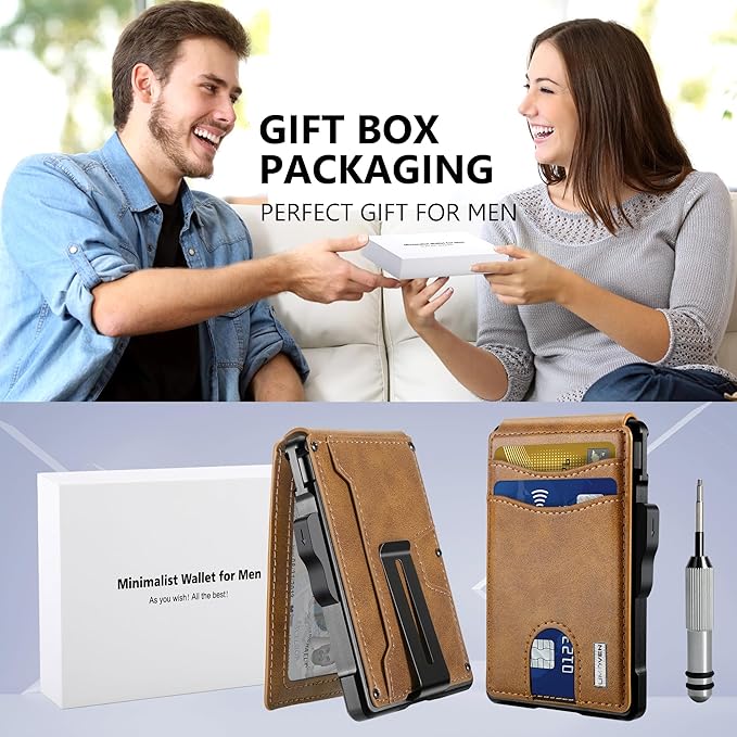 umoven Wallet for Men - with Money Clip Slim Leather Slots Credit Card Holder RFID Blocking Bifold Minimalist Wallet (Brown)