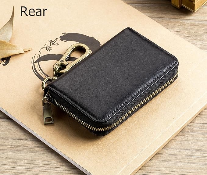Men's Zipper Key Organizer Rfid Wallet with 6 Hooks Leather Key Holder Case (Black)
