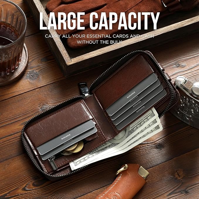 KLOMORE Zipper Wallet for Men Leather RFID Blocking Large Bifold Mens Wallets with Zipper Coin Pocket Credit Card Holder