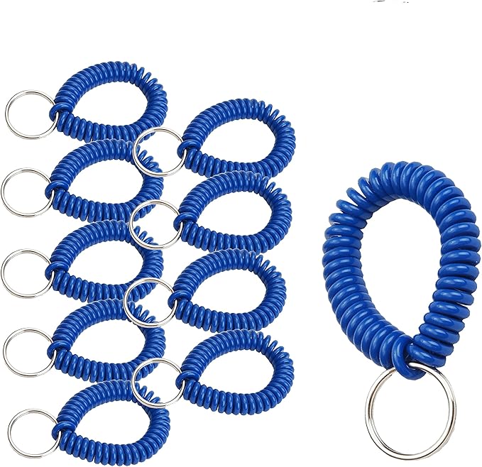 Lucky Line 2” Spiral Wrist Coil with Steel Key Ring, Flexible Wrist Band Key Chain Bracelet, Stretches to 12” Blue, 10 PK (41035)
