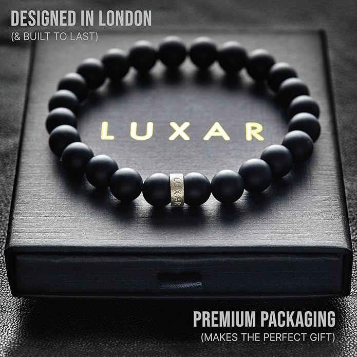 LUXAR Men’s Black Onyx Stone Bead Bracelets | Matte Black 8mm Stone | Minimalist, Designer Jewelry for Men