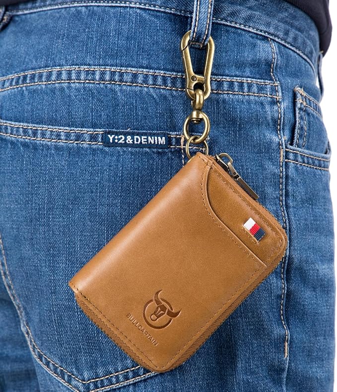 Men's Zipper Key Organizer Rfid Wallet with 6 Hooks Leather Key Holder Case (Yellow brown)