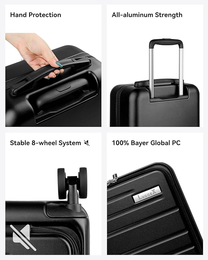 LUGGEX Underseat Carry On Luggage with Wheels, Small Suitcase with Top Open (Black, 14 Inch, 18L)