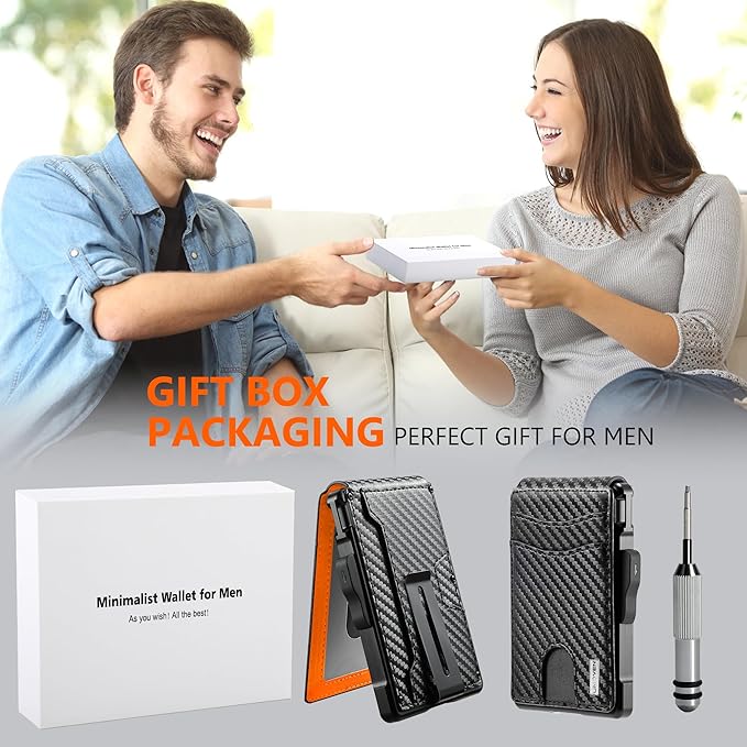 umoven Wallet for Men - with Money Clip Slim Leather Slots Credit Card Holder RFID Blocking Bifold Minimalist Wallet (Carbon Black and Orange)