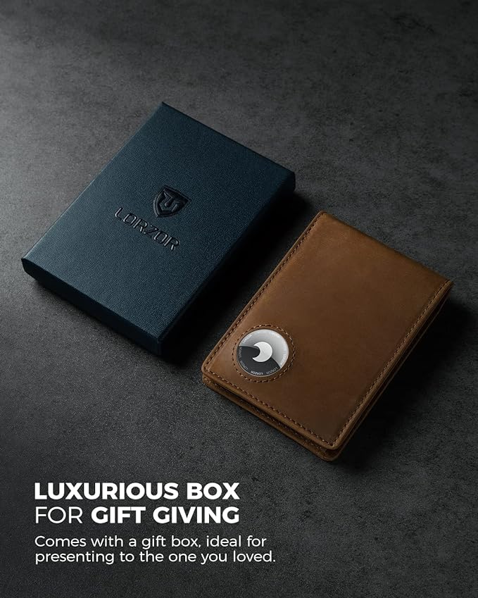 LORZOR AirTag Wallet - Bifold Full Grain Leather Mens Air Tag Wallet with AirTag Holder, RFID Blocking Minimalist Wallet for Men for Apple Air Tag, up to 11 Cards Gifts for Men