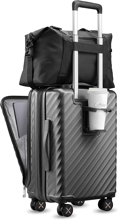 LUGGEX Carry On Luggage with Compartment and Cup Holder, Expandable PC Hard Shell Suitcase with Front Pocket (Gunmetal, 2-Piece (20/Tote))