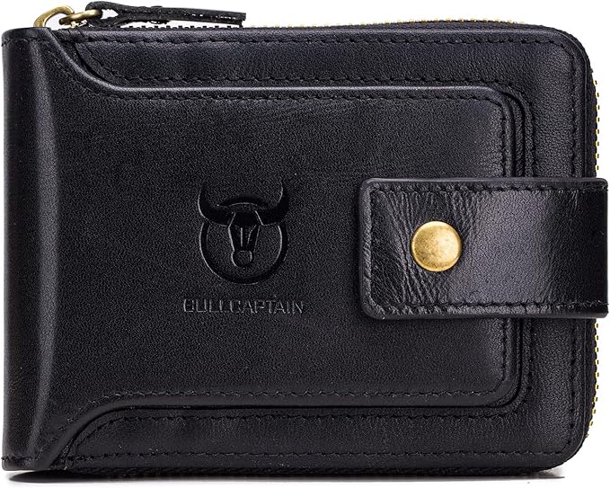 LUKZIJAES Genuine Leather Wallet for Men RFID Blocking Large Capacity Card Case with Zipper ID Window Coin Pocket (#2-Black)