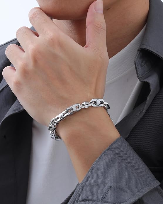 VNOX Link Chain Bracelets for Men - Cool Mens Bracelets Diamond-Cut Paperclip Solid Chain Bracelet Chunky Stainless Steel Jewelry Trendy Gifts