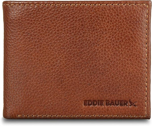 Eddie Bauer Men's Rugged Leather Bifold Wallet | Money Clip | RFID Protection | ID Window | Genuine Leather | EDC