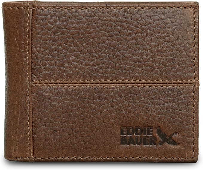 Eddie Bauer Men's Rugged Leather Bifold Wallet | Money Clip | RFID Protection | ID Window | Genuine Leather | EDC