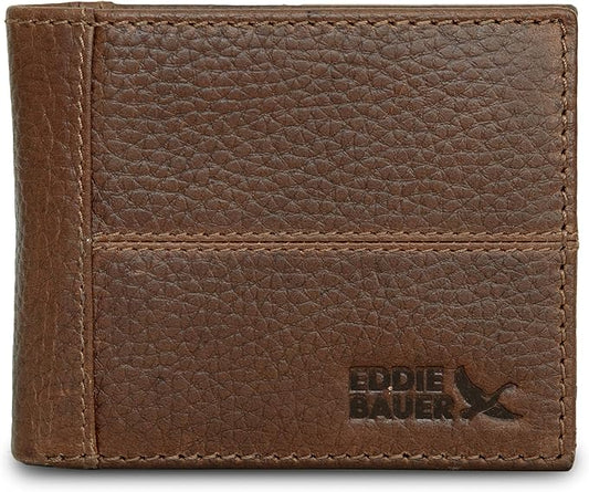 Eddie Bauer Men's Rugged Leather Bifold Wallet | Money Clip | RFID Protection | ID Window | Genuine Leather | EDC
