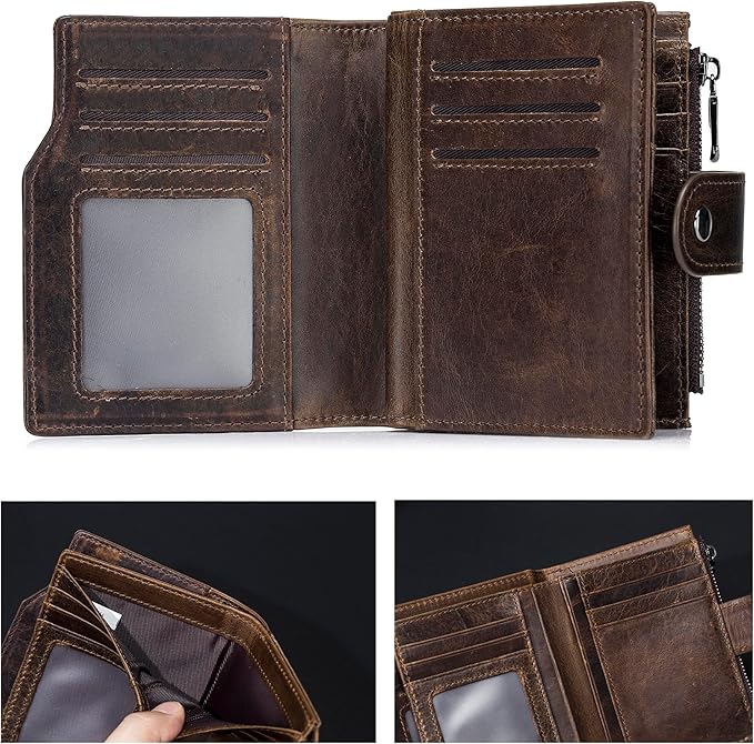 LUKZIJAES Genuine Leather Wallet for Men Vertical Model Large Capacity Card Case Purse Mens Vintage RFID Blocking with Zipper ID Window Coin Pocket (#6-Coffee)