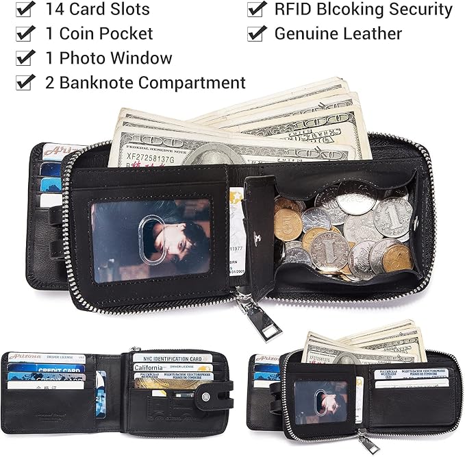 gzcz Mens Wallet with Zipper RFID Blocking Genuine Leather Bifold Purse with ID Window and Credit Card Holder (Black)