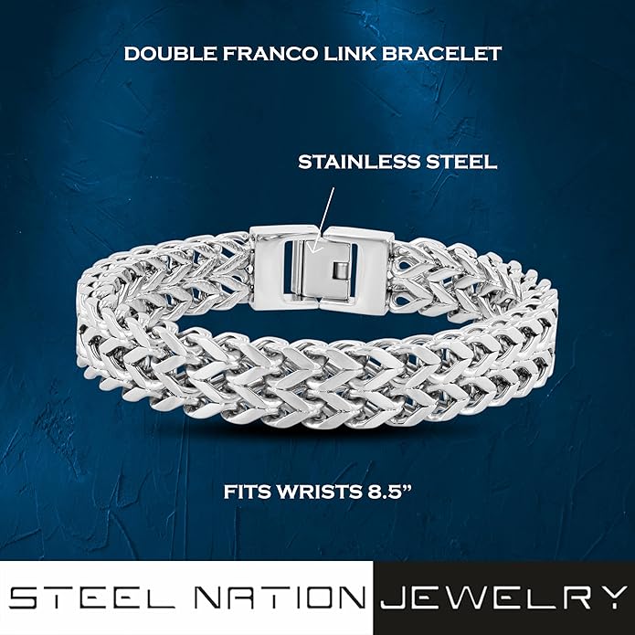 Men's Stainless Steel Double Franco Link Bracelet with Secure Fold Over Clasp - Durable & Stylish