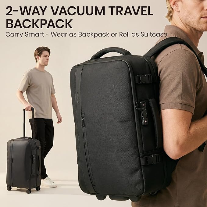 Fanwoli Rolling Vacuum Backpack Travel with One-Button Compression, Expandable Carry-On Suitcase Luggage, Approved TSA Lock & Water-Proof Laptop Compartment for Outdoor/Family/Business Trips