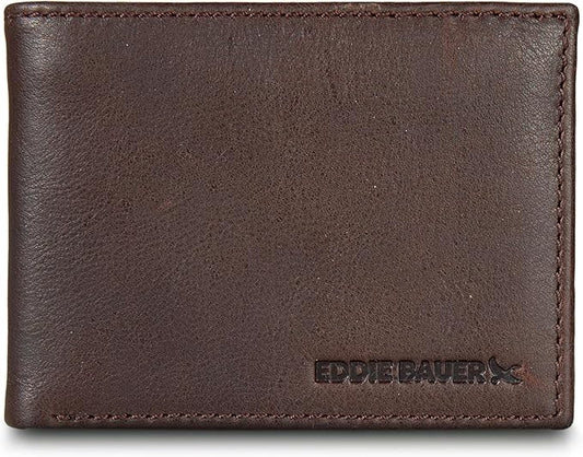 Eddie Bauer Men's Rugged Leather Bifold Wallet | Money Clip | RFID Protection | ID Window | Genuine Leather | EDC