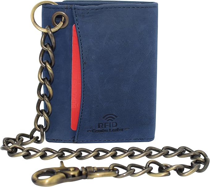 Men's RFID Blocking Trifold Vintage Leather Biker Chain Wallet With Snap Closure