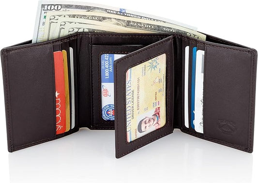 Stealth Mode Leather Trifold RFID Wallet For Men With Flip Out ID Holder (Coffee)