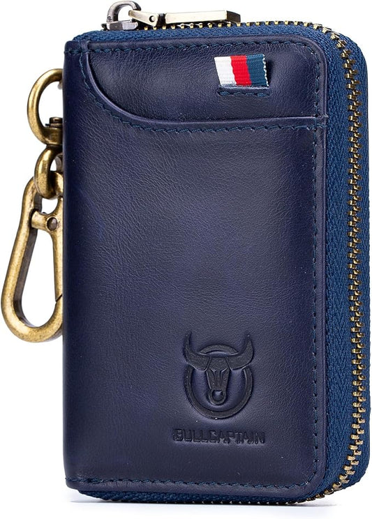 Men's Zipper Key Organizer Rfid Wallet with 6 Hooks Leather Key Holder Case (Blue)