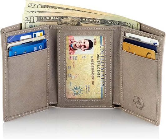 Stealth Mode Trifold Leather Wallet for Men with RFID Blocking