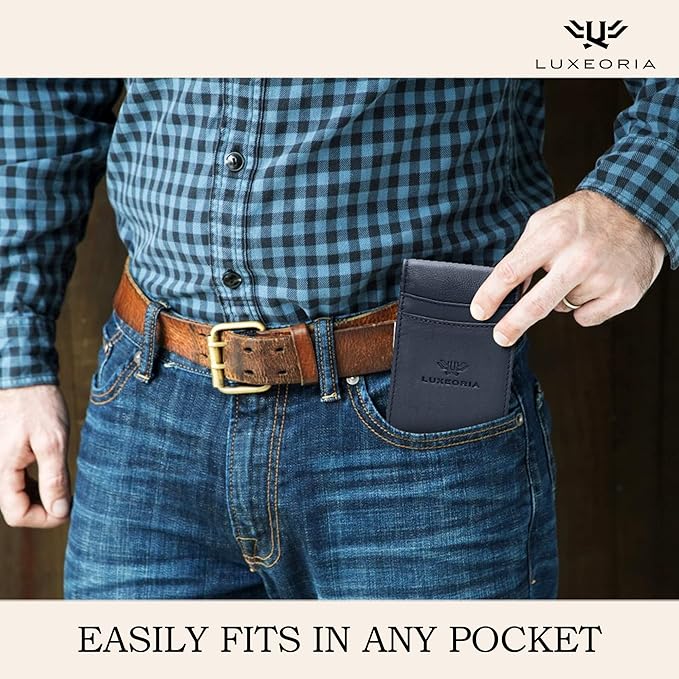 LUXEORIA Full Grain Genuine Leather Moneyclip Wallet for Men, Handcrafted Travel Wallet, Slim Mens Wallet, RFID Wallet for Men - Card Holder, 10 Card Slots -Navy