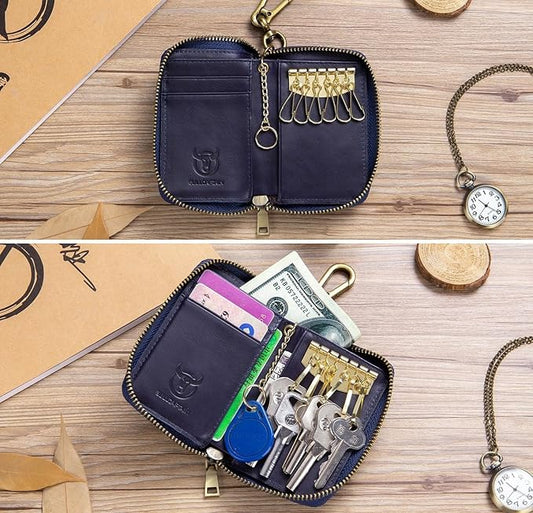 Men's Zipper Key Organizer Rfid Wallet with 6 Hooks Leather Key Holder Case (Blue)