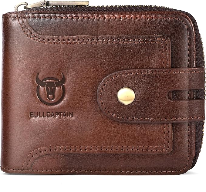 LUKZIJAES Genuine Leather Wallet for Men RFID Blocking Large Capacity Credit Card Vintage Men's wallet Zipper ID Window Coin Pocket (#8-Coffee)