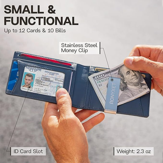 Slim Wallet for Men with Money Clip, RFID Blocking Genuine Leather Mens Wallet, Minimalist Credit Card Holder, Front Pocket Bifold - Gift Box Included