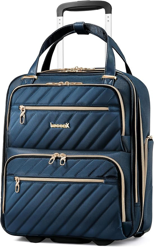 LUGGEX Underseat Carry On Luggage with Wheels, Stylish Lightweight Under Seat Luggage, Soft Sided Personal Item Suitcase for Short Trip (Blue, 16 Inch)