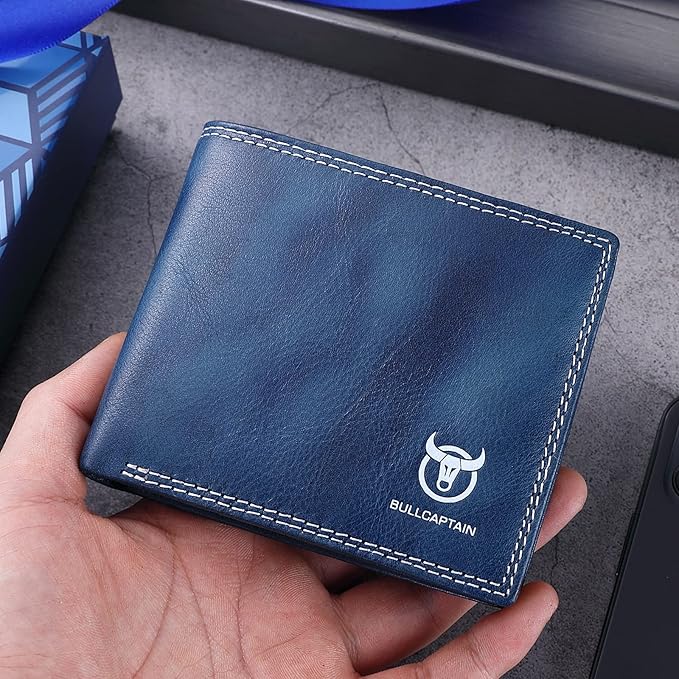 LUKZIJAES Genuine Leather Wallet for Men RFID Blocking Slim Bifold Front Pocket Wallets with 2 ID Window (#3-Blue)
