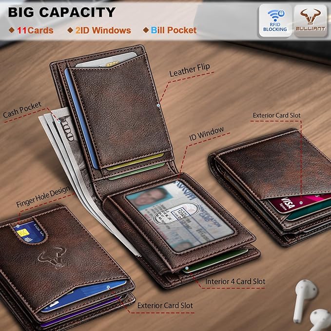 BULLIANT Men Wallet, Slim Leather Wallet Front Pocket Card Holder Gift For Men 11 Slots RFID Blocking