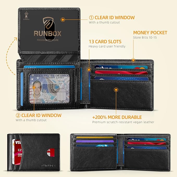RUNBOX Wallet for Men Slim Rfid Leather 2 ID Window With Gift Box