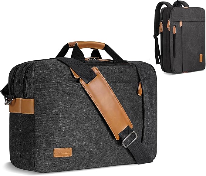 ESTARER 3 In 1 Laptop Bag for Men, 17-17.3 Inch Computer Bag Laptop Backpack for Work/Travel/Business, Convertible Briefcase Water resistant Canvas Messenger Backpack (Dark Grey)
