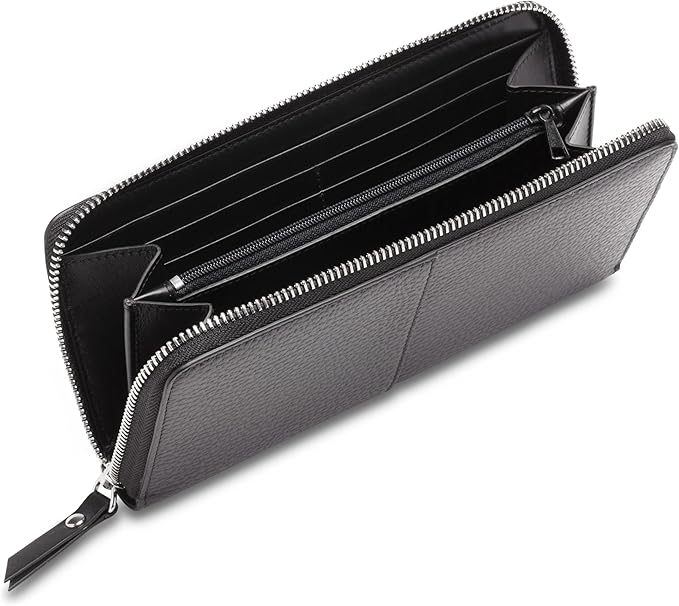 Bosca Womens Wallet - Slim Italian Leather Zip 8" Wallet For Women, Handmade in Italy - 12 Card Pockets, 2 Bill/Phone Pockets, Zipper Coin Pocket, Black