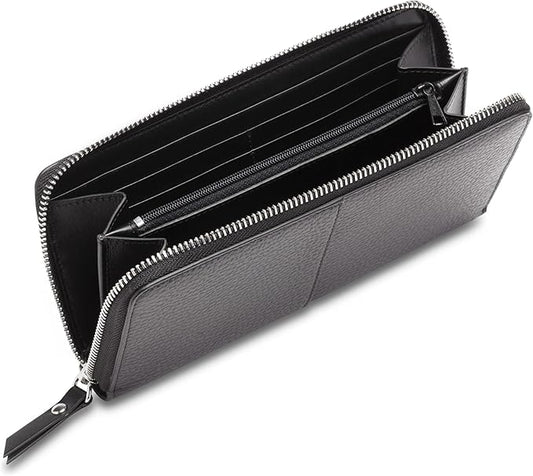 Bosca Womens Wallet - Slim Italian Leather Zip 8" Wallet For Women, Handmade in Italy - 12 Card Pockets, 2 Bill/Phone Pockets, Zipper Coin Pocket, Black