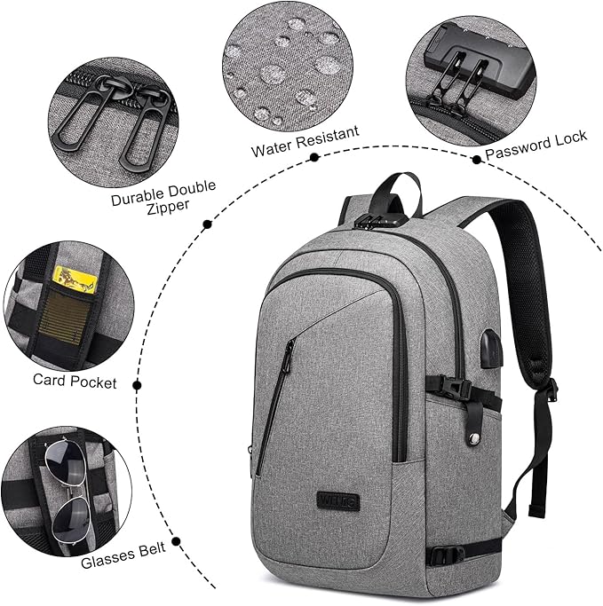 Large Travel Laptop Backpack Water Resistant Anti-Theft 17inch Laptop Bag with USB Charging Port and Lock,Big Business Backpack for Men and Women, Durable Big Capacity Heavy Duty Computer Bag,Grey