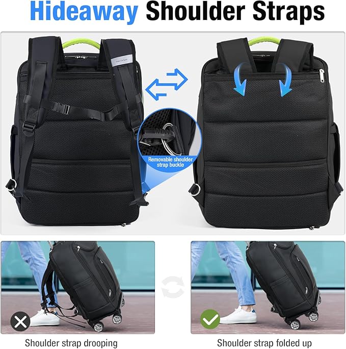 Lekebobor Travel Rolling Backpack, 18 inch Waterproof Bag with 360° Wheels for 15.6" Laptop, Convertible Airline Approved Travel Back Pack for Men & Women, Business, Commuter