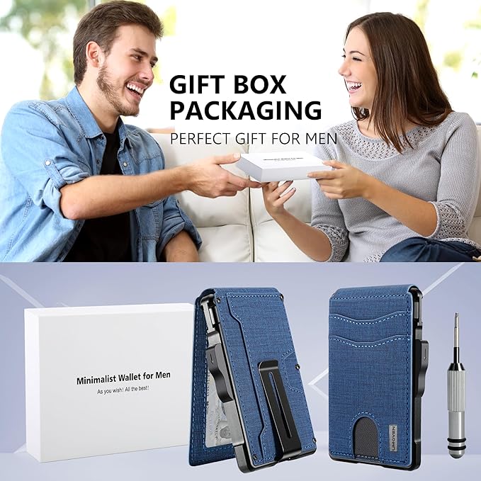 umoven Wallet for Men - with Money Clip Slim Leather Slots Credit Card Holder RFID Blocking Bifold Minimalist Wallet (Dark Blue Fabric)