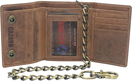 Men's RFID Blocking Trifold Vintage Leather Biker Chain Wallet With Snap Closure