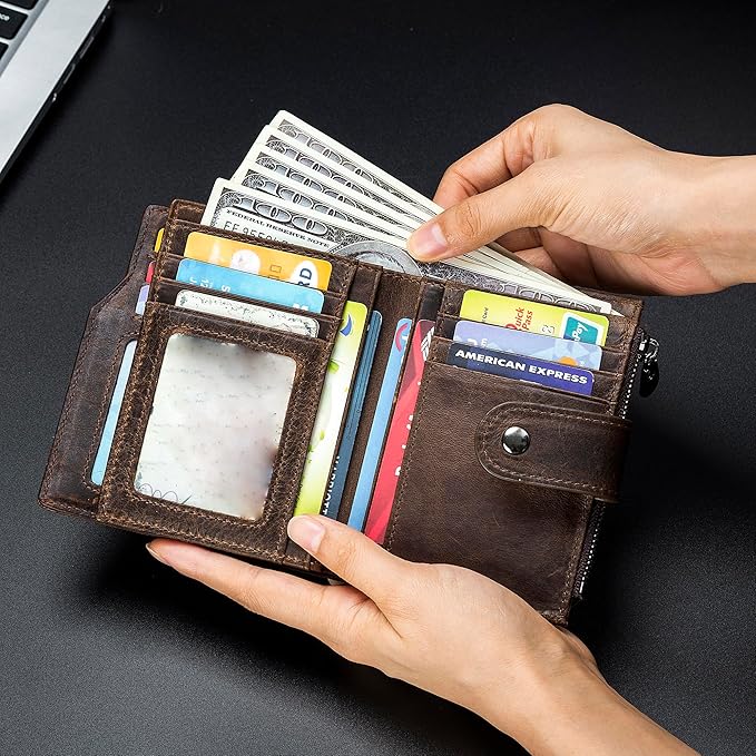 LUKZIJAES Genuine Leather Wallet for Men Vertical Model Large Capacity Card Case Purse Mens Vintage RFID Blocking with Zipper ID Window Coin Pocket (#6-Coffee)