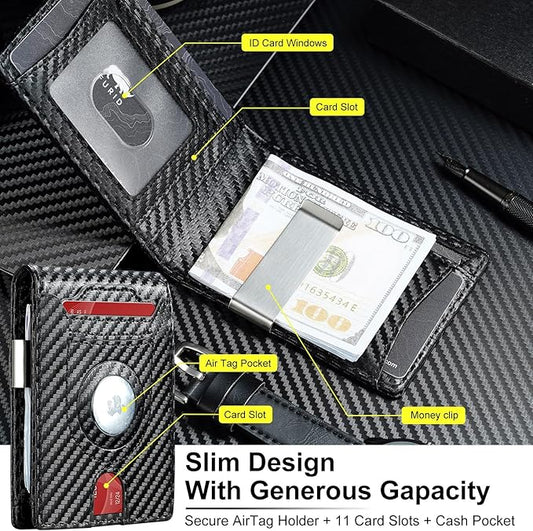 Apple Air tag Wallet Men Slim: Wallet for Air Tag Men Minimalist - RFID Blocking Leather Wallet with Money Clip (Carbon Fiber)