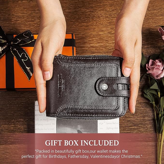 gzcz Zipper Wallet For Men Genuine Leather RFID Blocking Bifold Wallet for ID Window, Zip Coin Pocket and Credit Card Holders Large Capacity (Coffee)