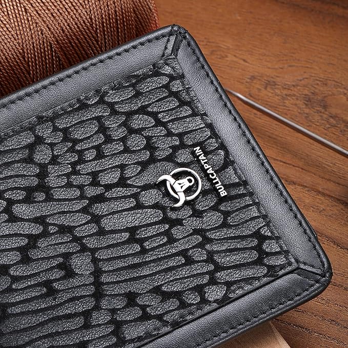 LUKZIJAES Mens Wallets Bifold Black Genuine Leather Wallet for Men RFID Blocking Slim Front Pocket Wallets with 2 ID Window (#13-Black)