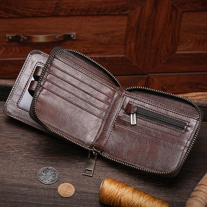LUKZIJAES Genuine Leather Wallet for Men RFID Blocking Large Capacity Credit Card Vintage Men's wallet Zipper ID Window Coin Pocket (#8-Coffee)
