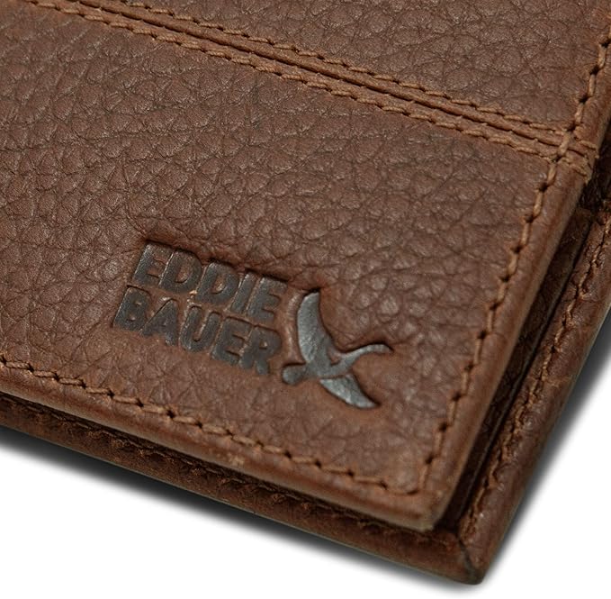 Eddie Bauer Men's Rugged Leather Bifold Wallet | Money Clip | RFID Protection | ID Window | Genuine Leather | EDC